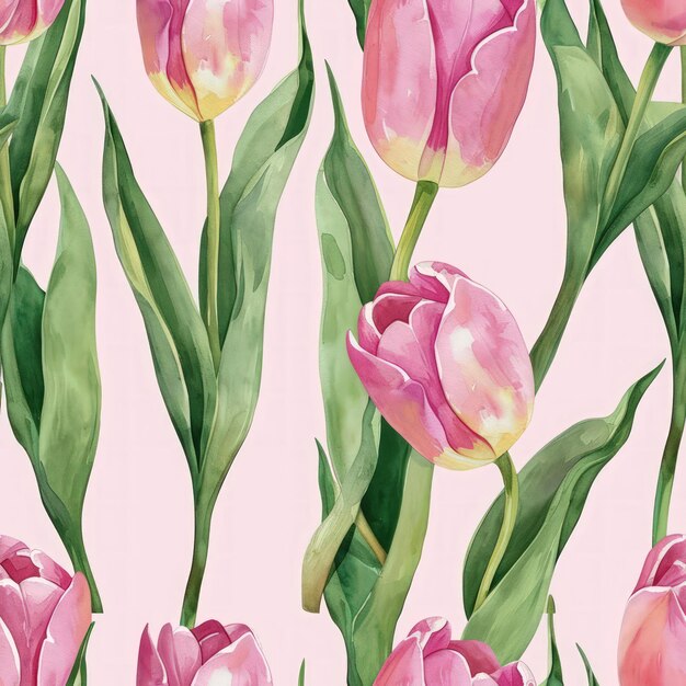 Aquarell Tulpenblumen mit nahtlosem Muster der Blätter