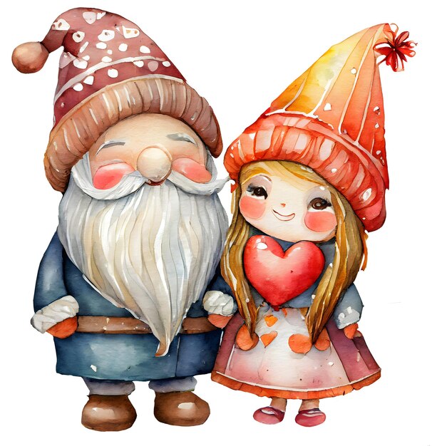Aquarell und Malerei süßes Paar süße Liebe Gnome mit rotem Herzen am Valentinstag Urlaub Konzept