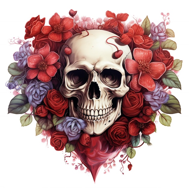 Aquarell-Valentines-Schädel mit Blumen