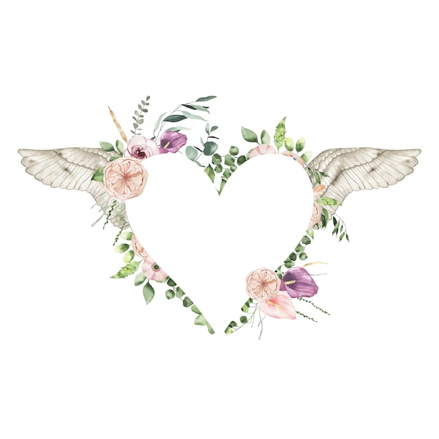 Aquarell Valentinstag floraler Herzrahmen mit Calla-Lilienrosengrün hinterlässt Engelsflügel isoliert