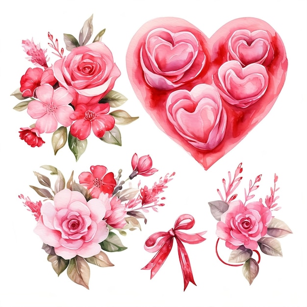 Aquarell Valentinstagsblumen und Herzen Aquarell-Valentinstags-Clipart in rosa Farben