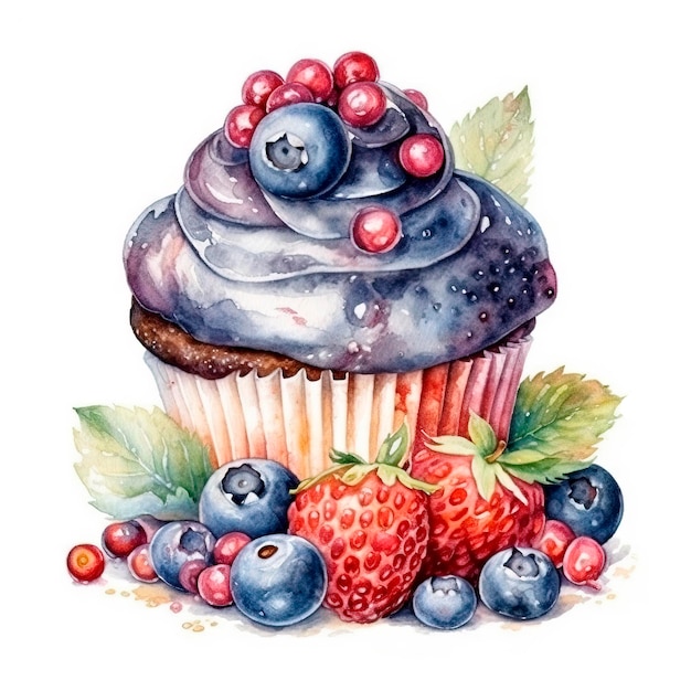 Aquarell-Vanille-Cupcake mit Erdbeeren handgezeichnete Illustration von köstlichen Speisen Generative KI