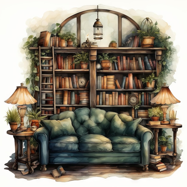 Aquarell-Vektor-Illustration einer Heimbibliothek