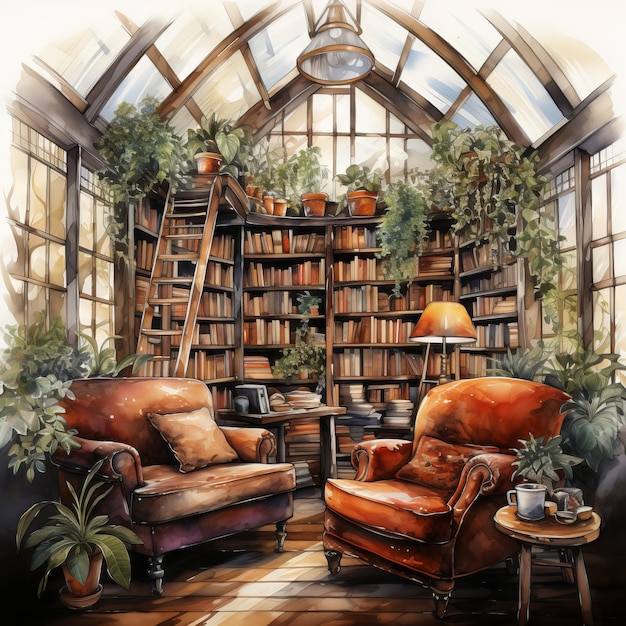 Aquarell-Vektor-Illustration einer Heimbibliothek
