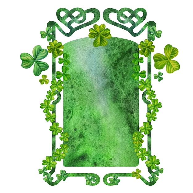 Aquarell-Vintage-Fantasie-Rahmen mit handgezeichnetem vierblättrigen Kleeblatt für den St. Patrick's-Tag für viel Glück