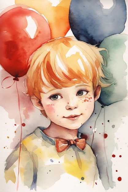 Aquarell-Vintage-Grußkarte, süßes Kind mit roten Haaren und Luftballons, generierte KI