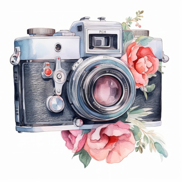 Foto aquarell-vintage-kamera mit blumen. handgezeichnete illustration isoliert auf weißem hintergrund