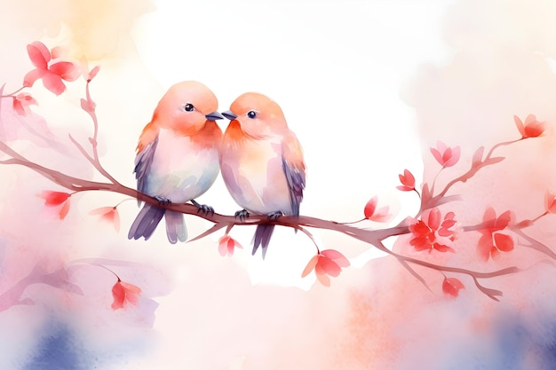 Aquarell-Vogelpaar küsst sich auf einem Baumzweig in warmer Farbe für das Valentinstag-Hochzeitsthema