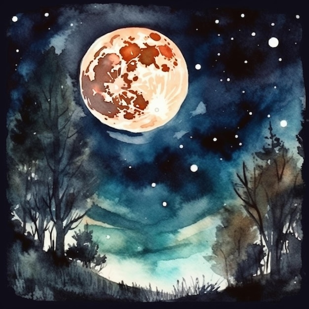 Aquarell-Vollmond am Nachthimmel