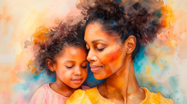 Aquarell von afroamerikanischer Mutter und kleiner Tochter, isoliert Mother39s Day-Konzept