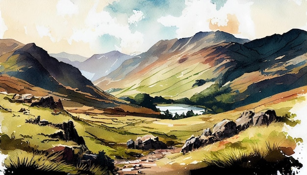 Foto aquarell von bergen und landschaft im lake district an einem sommertag