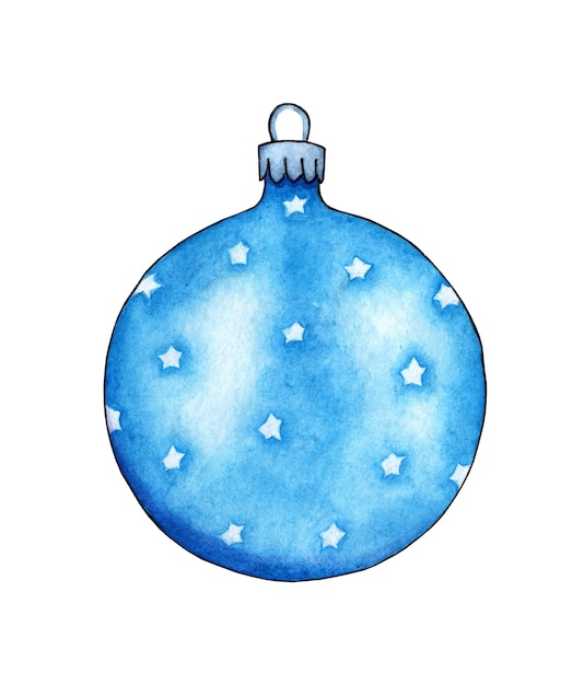 Aquarell von blauer Glaskugel mit Sternen Neujahrskugel zum Dekorieren eines Weihnachtsbaumes