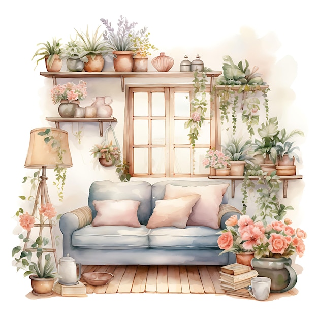 Aquarell von Country Cottage Coziness, einem malerischen und charmanten Ort auf weißem Hintergrund mit gemütlichem Ort