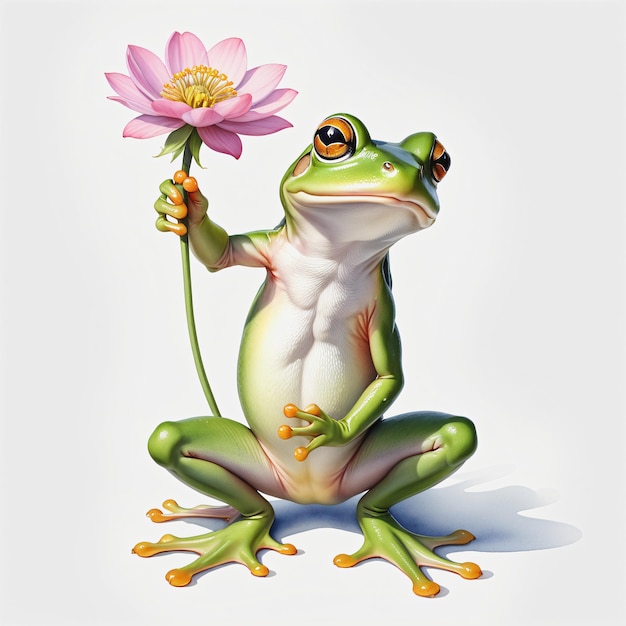 Aquarell von Frosch mit Blume auf weißem Hintergrund