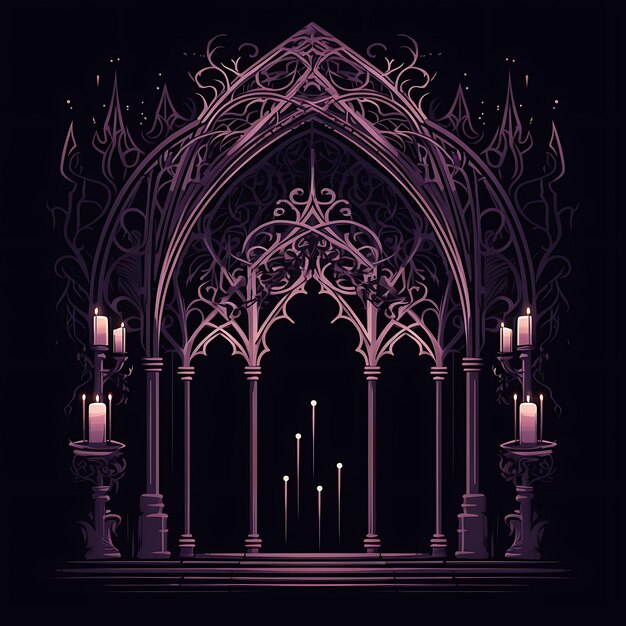 Aquarell von Gothic Cathedral Gate Spitzbogenrahmen Deep Purple und Bla 2D Clipart Rahmen T-Shirt