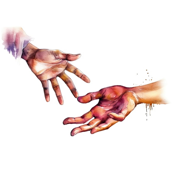 Aquarell von Händen, die einem Flüchtling helfen