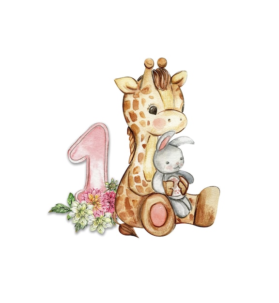 Aquarell von Hand gezeichneter kleiner Baby-Giraffe mit Dahlia-Blüten und Zahlenkomposition