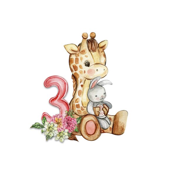 Aquarell von Hand gezeichneter kleiner Baby-Giraffe mit Dahlia-Blüten und Zahlenkomposition