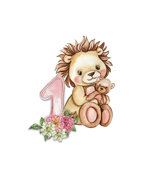 Aquarell von Hand gezeichneter kleiner Löwenbaby mit Dahlia-Blüten und Zahlenkomposition