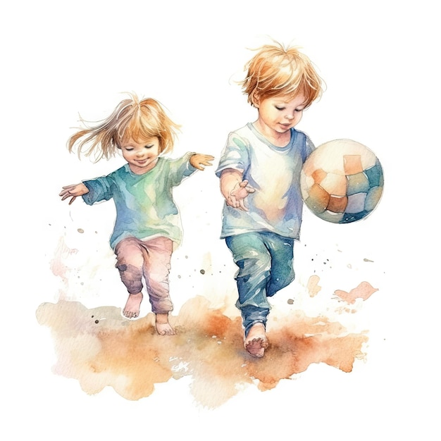 Aquarell von Kindern, die mit einem Ball spielen