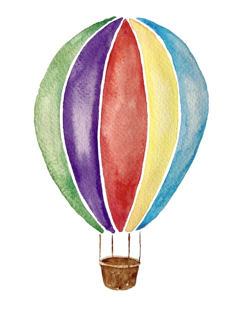 Aquarell von regenbogenfarbenem Heißluftballon isoliert auf weißem Hintergrund