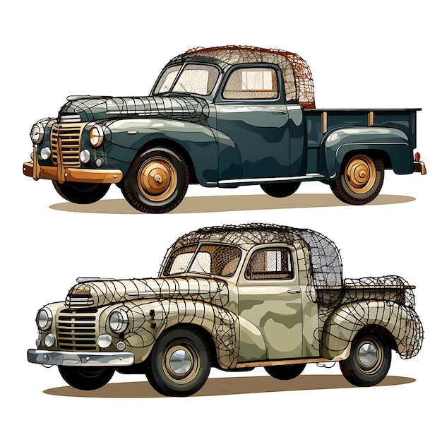 Aquarell von südafrikanischen Automobilmodellen, Fahrzeugmodellen, metallischen Farben, Draht a auf weiß BG Clipart-Tinte