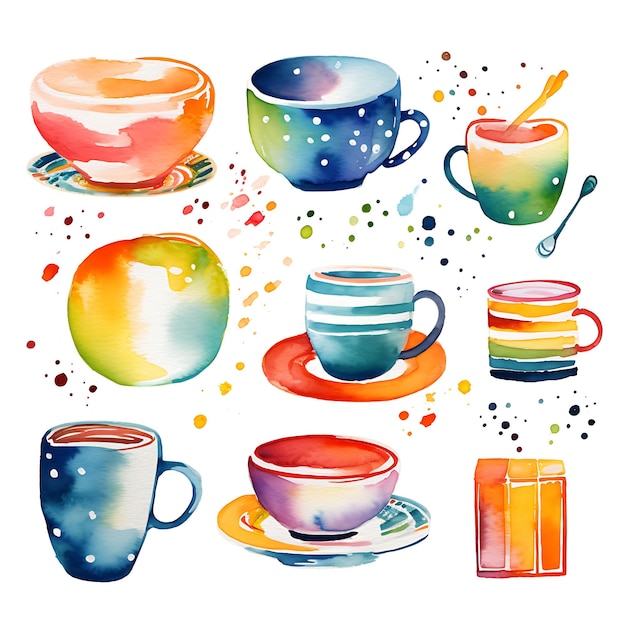 Aquarell von Tassen, Schüsseln, Tellern, Utensilien, hellen Regenbogentönen, lebhaftem Wasser auf weißem Hintergrund, 2D