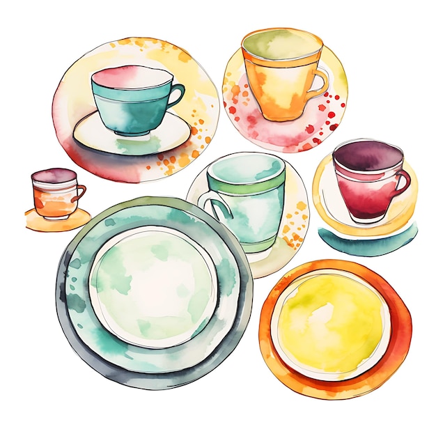 Aquarell von Tellern, Tassen, Schüsseln, Servietten, hellen und neutralen Farben, Aquarell-Mi auf weißem Hintergrund, 2D