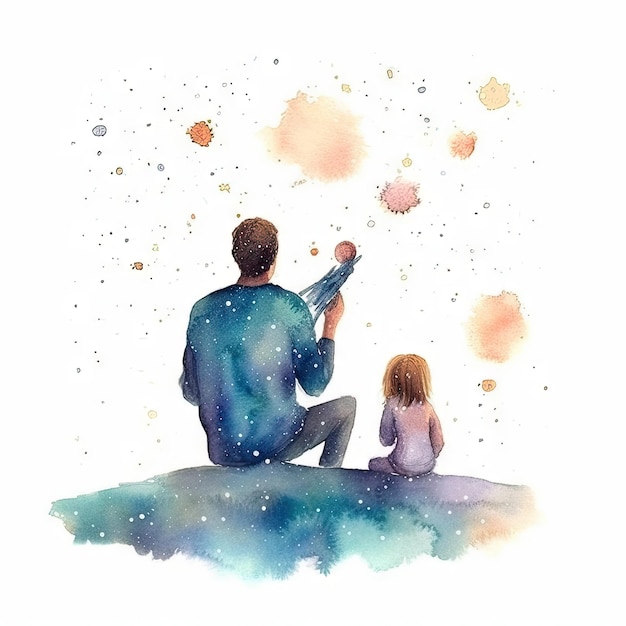 Aquarell von Vater und Kind beim Sternengucken