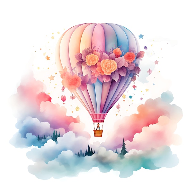 Aquarell von wunderbarer Hot Air Ballonfahrt auf glänzendem Papier, das über Clipart schwebt Pastell Cute Art