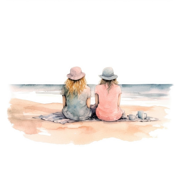 Foto aquarell von zwei freunden, die am strand sitzen