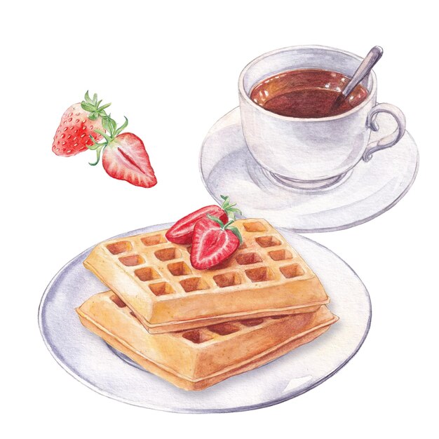 Foto aquarell-waffeln mit erdbeeren und tee