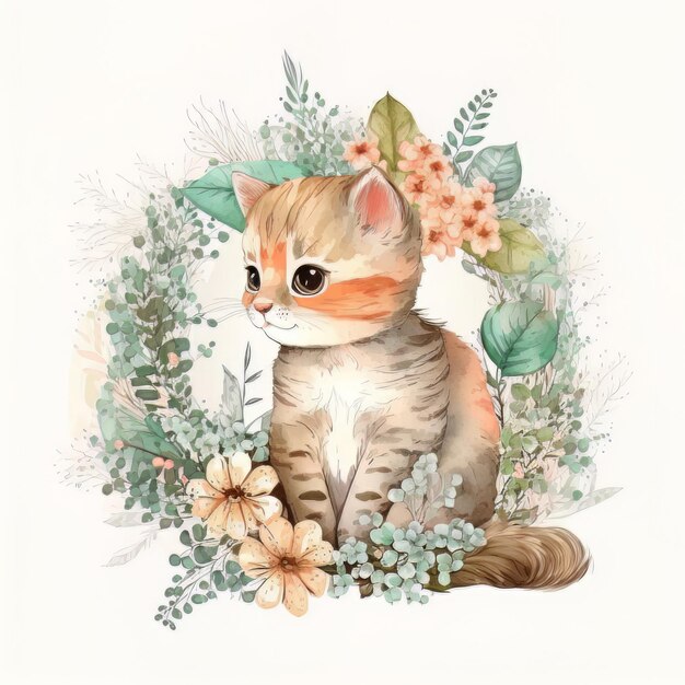 Aquarell Wald Cartoon isoliert niedlich Baby Katze Tier Illustration AI generativ