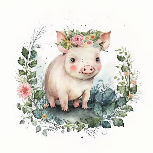 Aquarell Wald Cartoon isoliert niedlich Baby Schwein Tier Illustration AI generativ