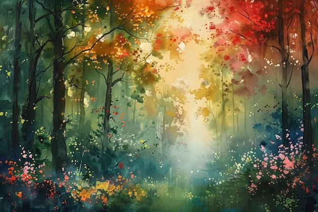 Aquarell-Waldmalerei mit einem nebligen Pfad