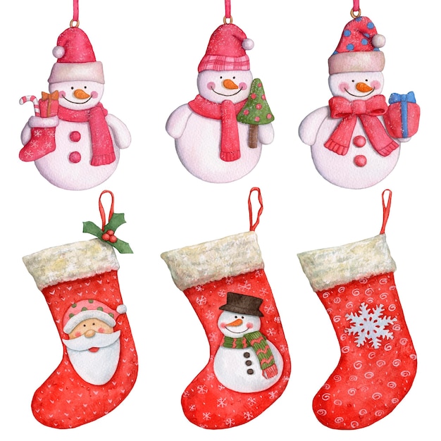 Aquarell Weihnachten, Neujahr Spielzeug, Dekorationen, Strümpfe, Schneemänner isoliert auf weiß.