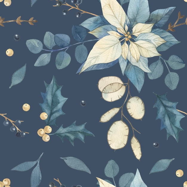 Aquarell Weihnachten Vintage florales nahtloses Muster mit blauen Beeren Weihnachtsstern