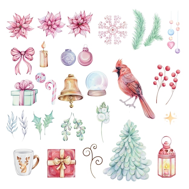 Aquarell-Weihnachts-Clip-Art mit rosa Weihnachtsstern rot Kardinal Brunch Baum Geschenke Glocke Zuckerrohr