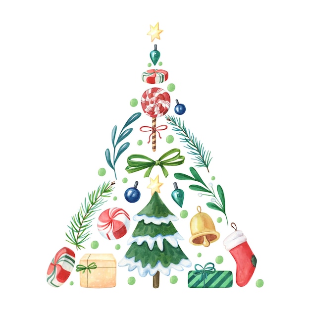 Aquarell-Weihnachtsbaum von Feiertagselementen. Winter-Illustration für das neue Jahr. Aquarell-Geschenkbox, Bogen, Süßigkeiten, Glocke, Socke auf weißem Hintergrund. Grußkarte für Kinder.