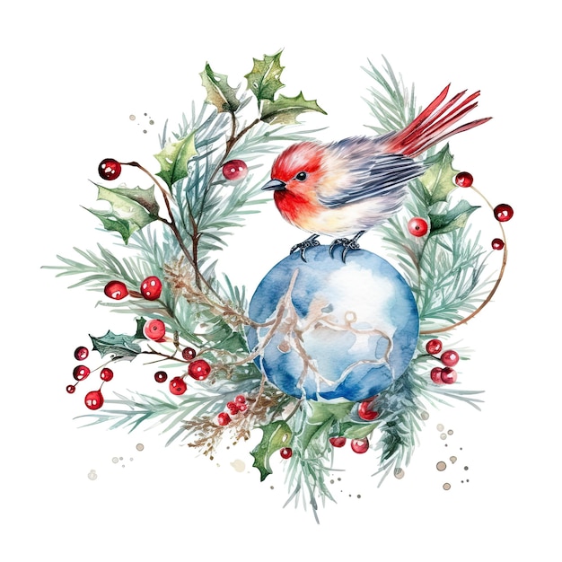 Aquarell-Weihnachtsbaumspielzeugvogel und Stechpalmenzweige Illustration AI GenerativexA