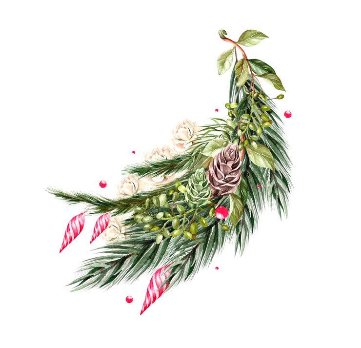 Foto aquarell weihnachtsbouqet mit tannenzweigen, spielzeug, beeren, rosen und kiefer. illustration für grußkarten und einladungen. illustration
