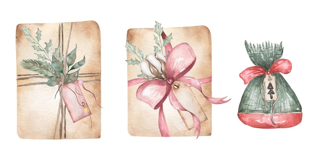 Aquarell Weihnachtsbox mit floralem Dekor Set Vintage Weihnachtsgeschenke Illustration Winterurlaub Dekor Cliparts