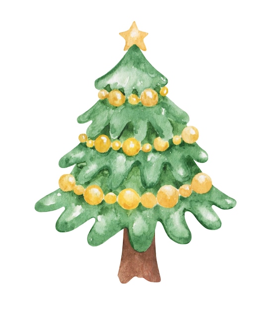 Aquarell Weihnachtsdekor Clipart, verzierte Fichte Baum Stock Illustration, Neujahr Elemente