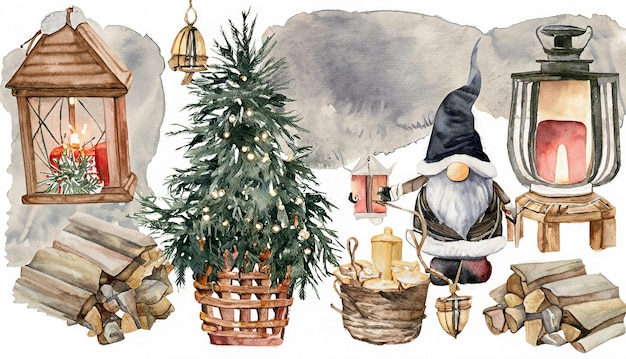 Aquarell-Weihnachtsfarm Weihnachtsbaum-Gnome-Vintage-Lampen-Brennholz-Korb und Kerzen