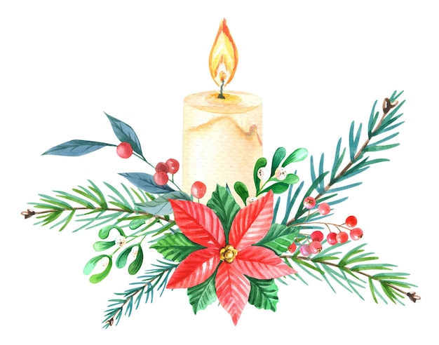 Aquarell Weihnachtskomposition mit roter Weihnachtssternblume, Kerze, grüne Tannenzweige