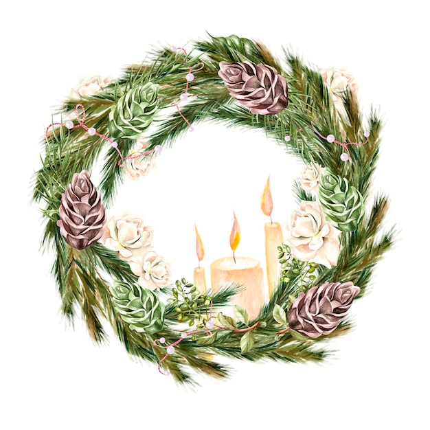 Aquarell Weihnachtskranz mit Tannenzweigen, Kerzen und Beeren, Rosen und Kiefer. Illustration für Grußkarten und Einladungen. Illustration