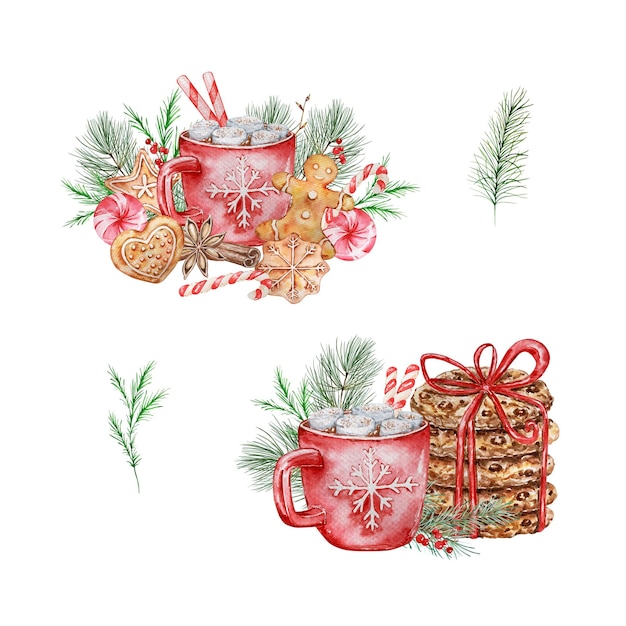 Aquarell-Weihnachtssüßigkeiten mit Kakao, Marshmallows, Kekse und Blumen