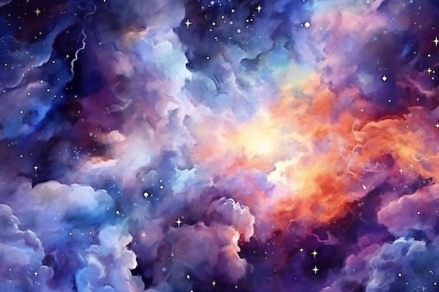 Aquarell-Weltraumhintergrund mit Nebel und Sternen