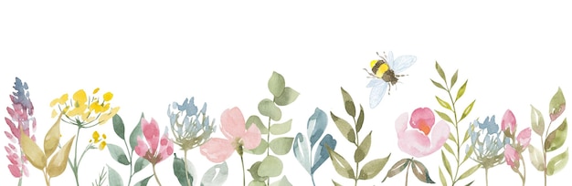 Aquarell wilde Blumen und Gartenpflanzen frisches Banner Design Handgefertigte botanische Cliparts auf weißem Hintergrund mit Platz für Text Für Website-Poster speichern Sie das Datum Grüße Design Hochzeit