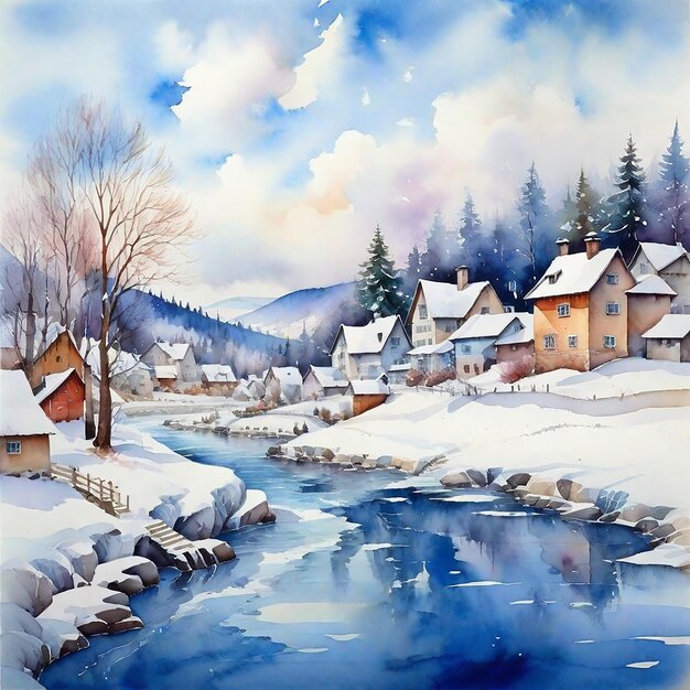 Aquarell Winter Dorf